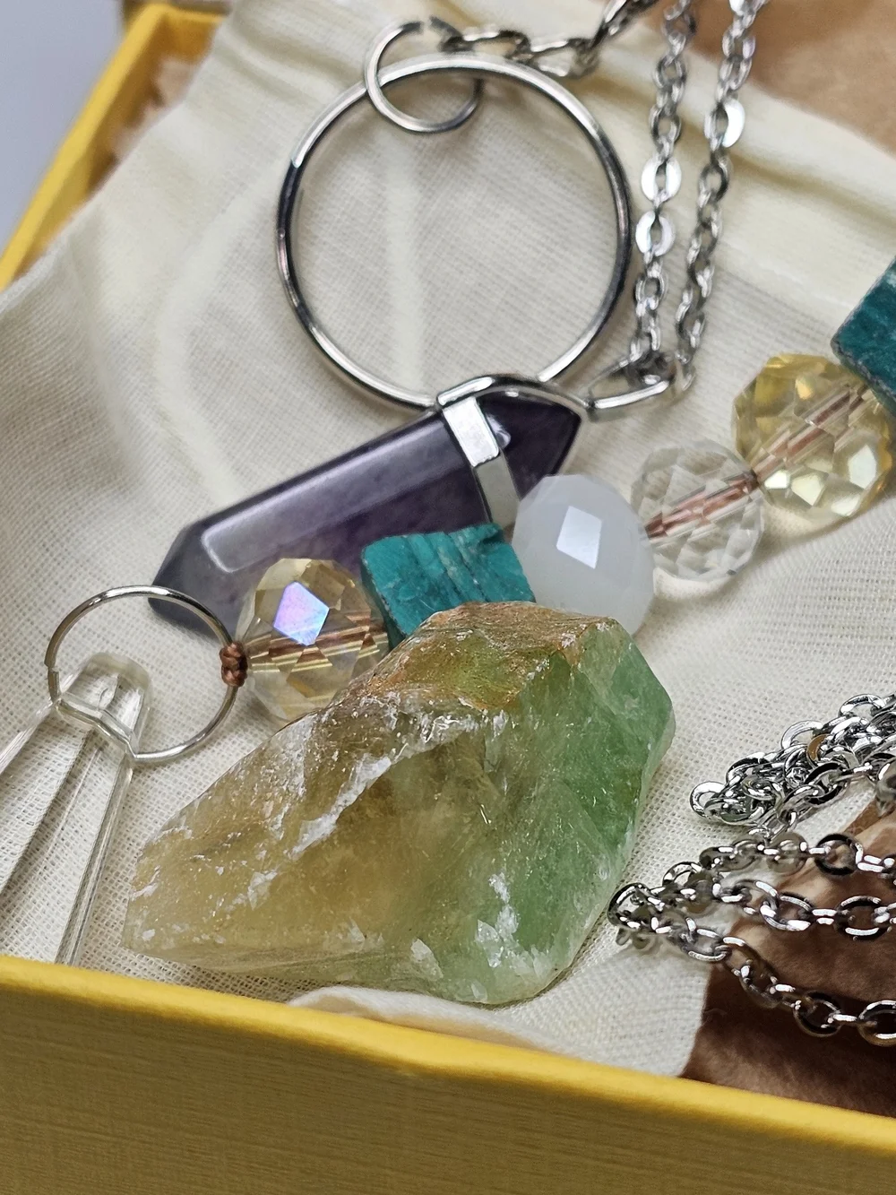 Mixed Crystal Pendant Necklace and Keychain Set in Green and Aqua